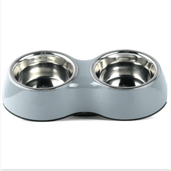 Basil Double Melamine Bowl Dinner Set for Dogs and Cats (Grey)