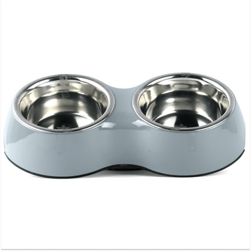 Basil Double Melamine Bowl Dinner Set for Dogs and Cats (Grey)