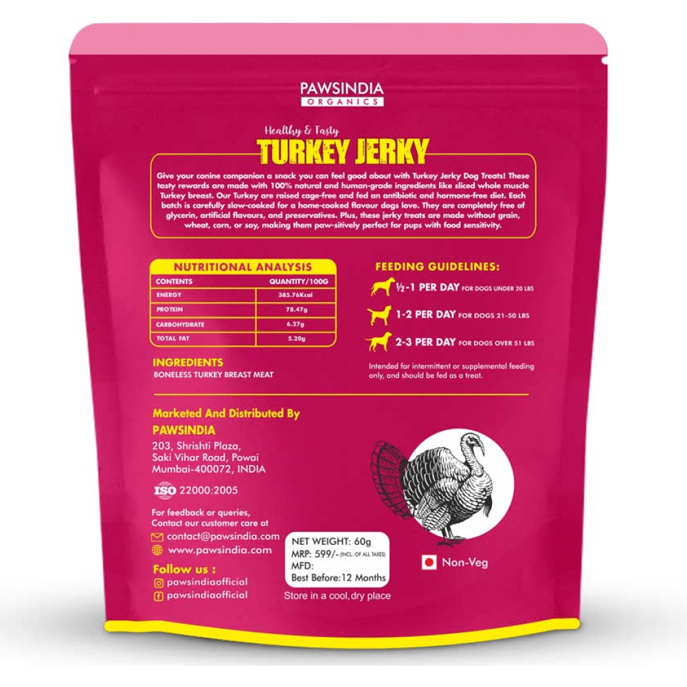 Pawsindia Organics Raw Bites Turkey Jerky Dog Treats