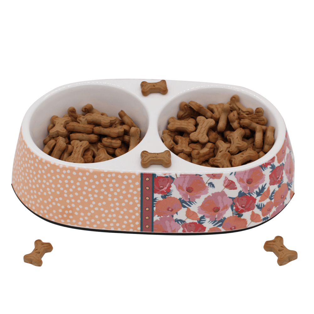 Peetara Half Floral Designer Melamine Double Diners for Dogs and Cats (White)