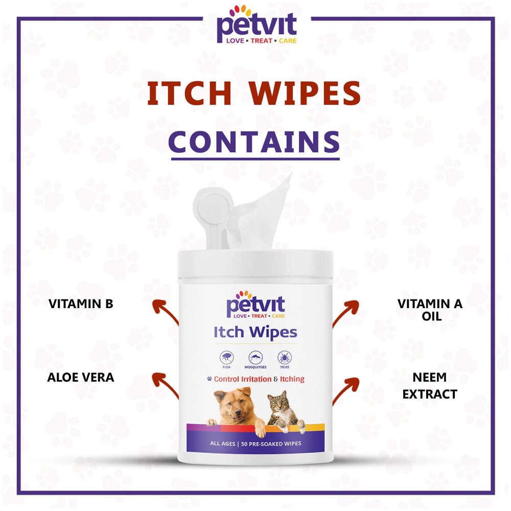 Petvit Itch Wipes and Dogsee Veda ITCH RELIEF Aloe Vera Shampoo for Dogs Combo