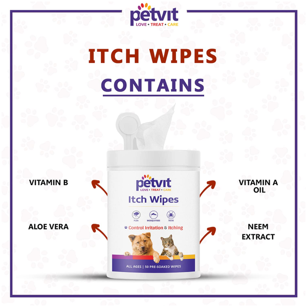 Petvit Itch Wipes and Dogsee Veda ITCH RELIEF Aloe Vera Shampoo for Dogs Combo