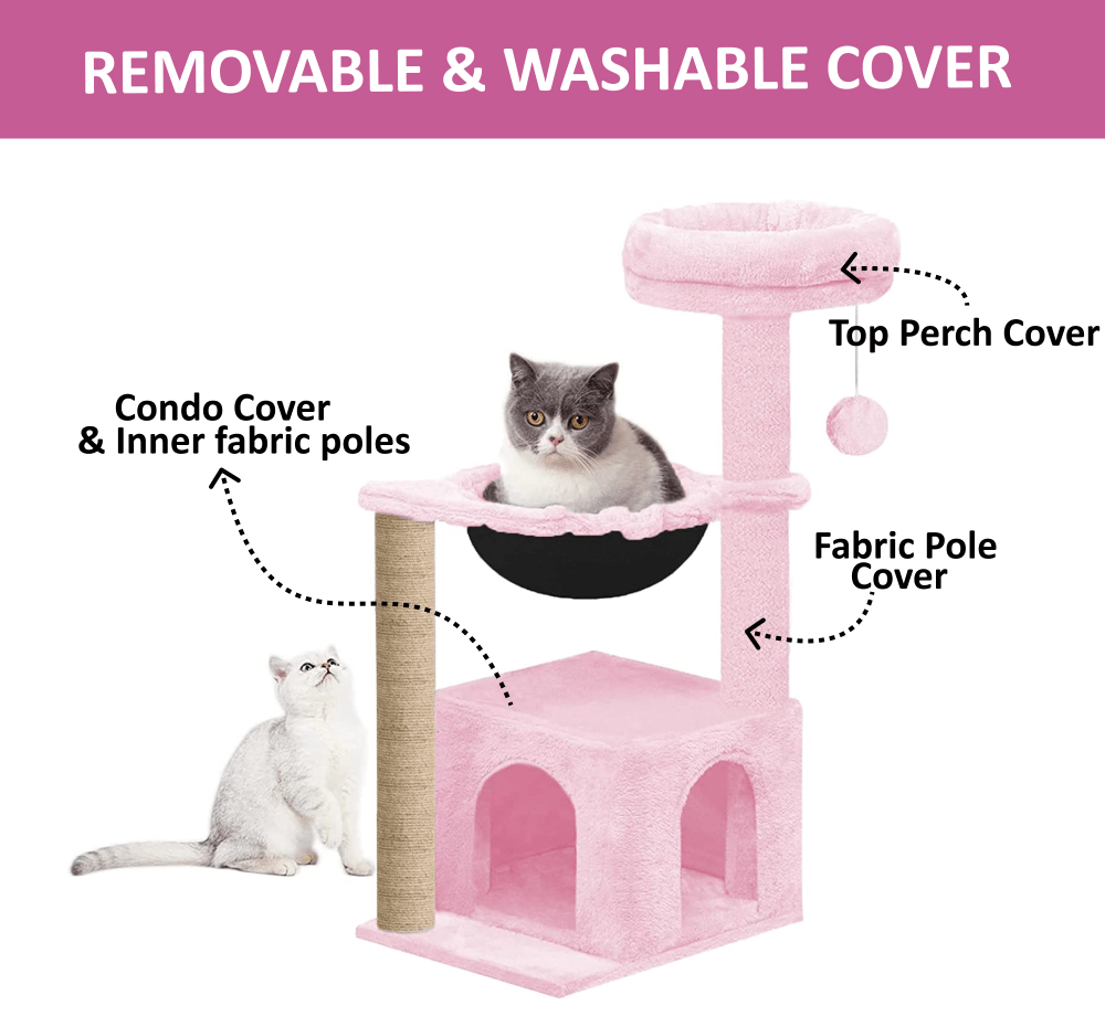 Hiputee Soft Fur Condo, Natural Sisal Rope, Scratching Post, Dangling Toys, Hanging Hammock Tree for Cats (Pink)