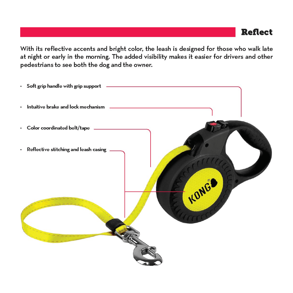 Kong Reflective Retractable Leash for Dogs (Neon Yellow)