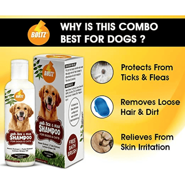 Boltz Anti Tick & Flea Shampoo with Brush for Dogs