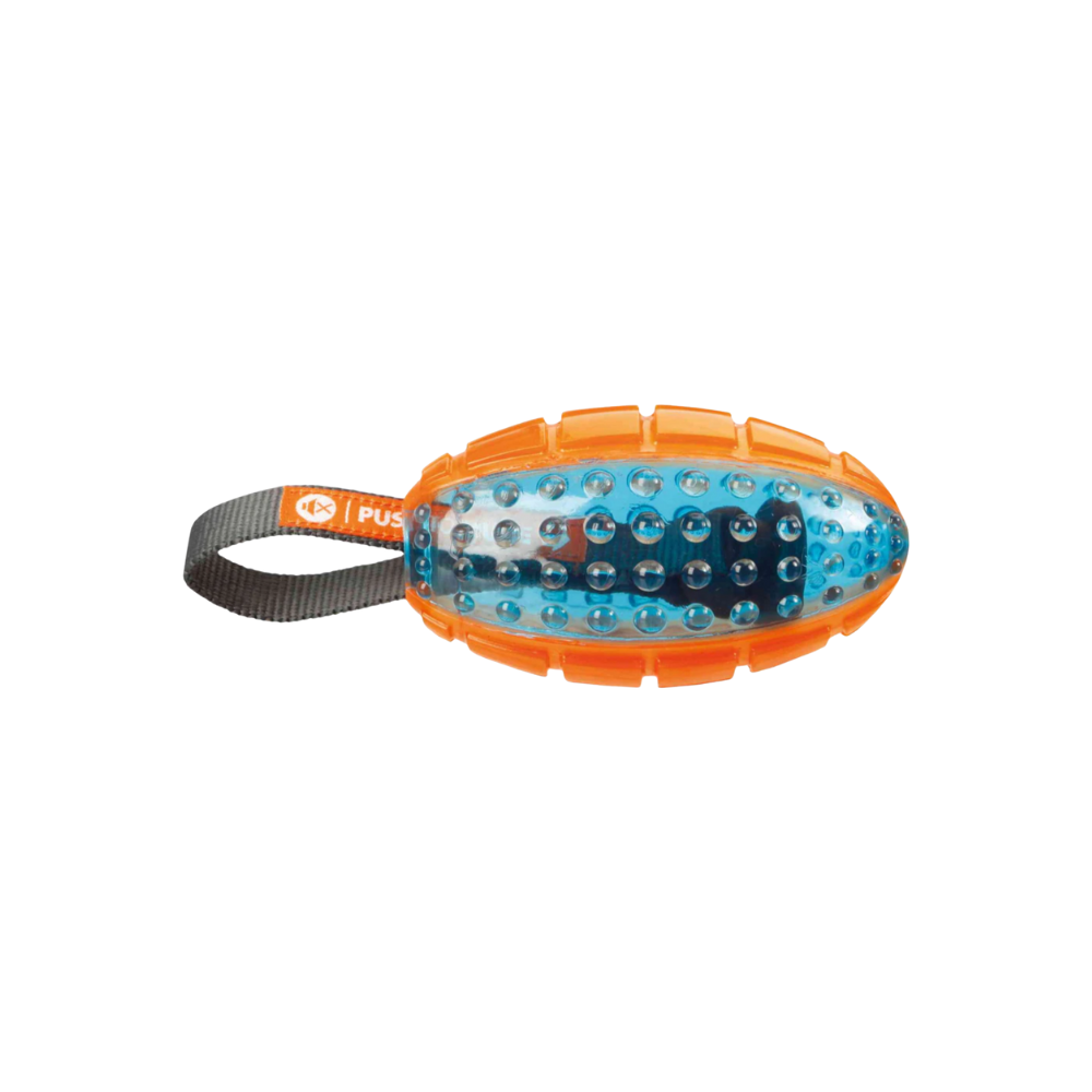 Trixie Push To Mute Rubber Rugby Ball on Rope Toy for Dogs (Orange/Blue)