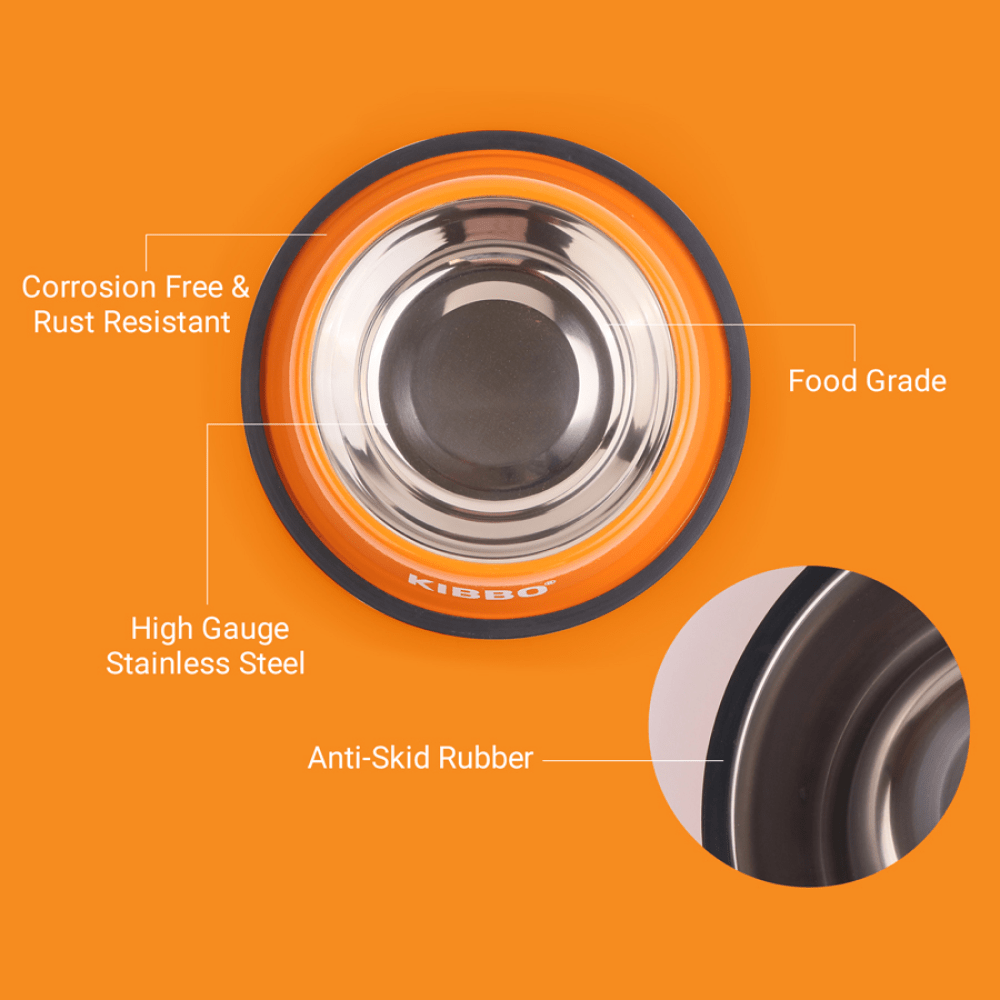 Kibbo Anti Skid Stainless Steel Bowl for Dogs and Cats (Orange) Both-Bowls & Feeders Kibbo