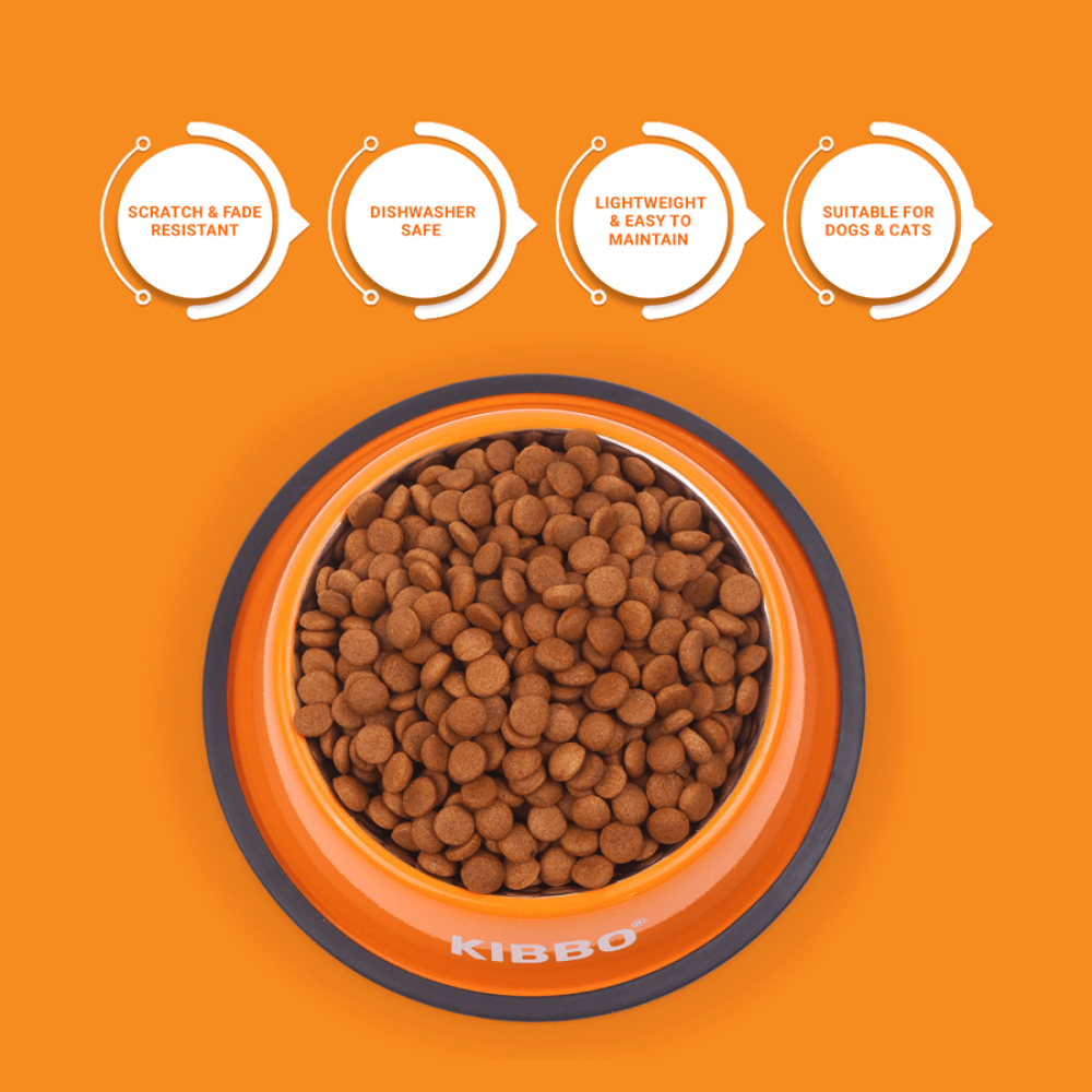 Kibbo Anti Skid Stainless Steel Bowl for Dogs and Cats (Orange) Both-Bowls & Feeders Kibbo