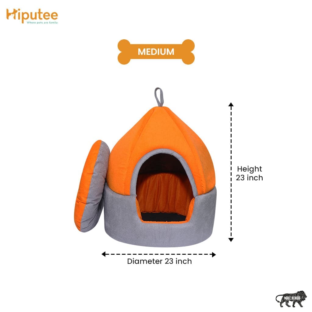 Hiputee Luxurious Temple Style Soft Velvet Fabric Dual Color Hut for Dogs and Cats (Orange & Grey)