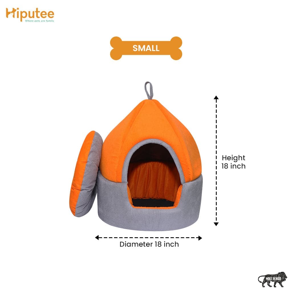 Hiputee Luxurious Temple Style Soft Velvet Fabric Dual Color Hut for Dogs and Cats (Orange & Grey)