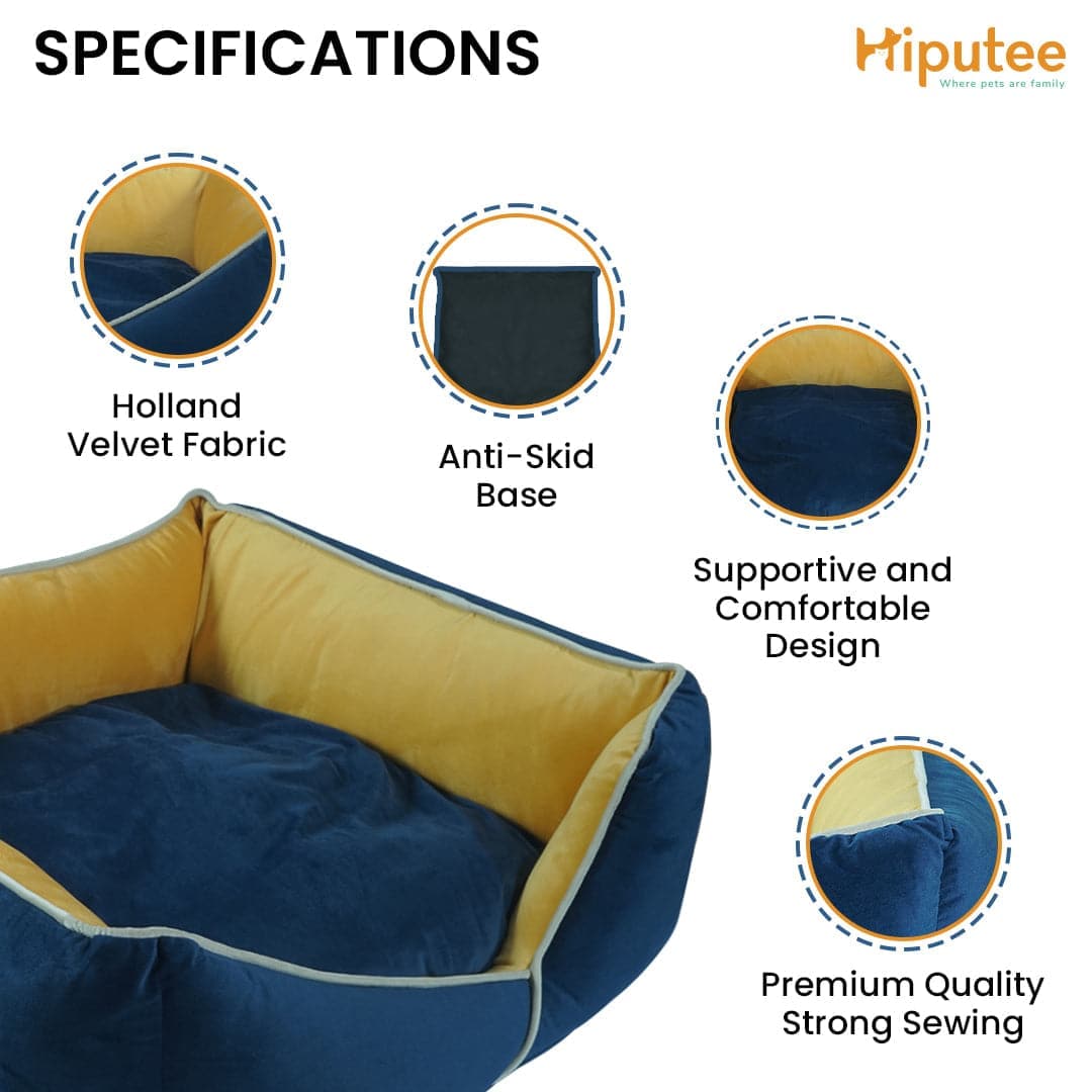 Hiputee Premium Holland Fabric Rectangular Bed for Dogs and Cats (Blue & Yellow)