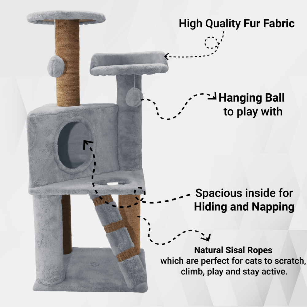 Hiputee Soft Fur Condo, Natural Sisal Rope, Scratching Post, Hanging Balls Tree for Cats (Grey)