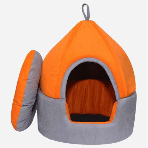 Hiputee Luxurious Temple Style Soft Velvet Fabric Dual Color Hut for Dogs and Cats (Orange & Grey)